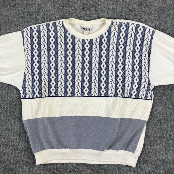 Alabuy Sweater Mens Size 42 White Navy Vintage USA Textured Knit Pullover 80s - Picture 1 of 10